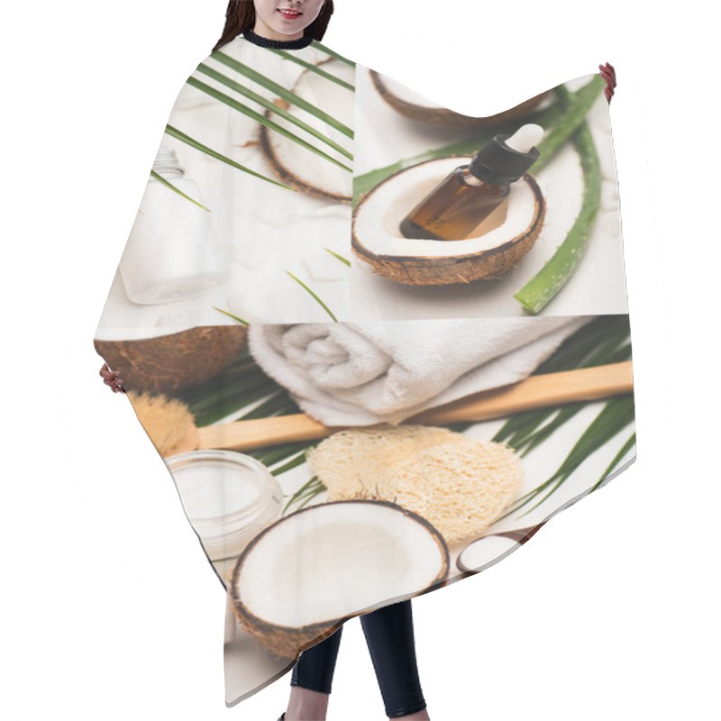 Personality  Collage Of Natural Ingredients, Homemade Cosmetics, Massage Brush, Towel, And Sponges Near Palm Leaves On White Hair Cutting Cape