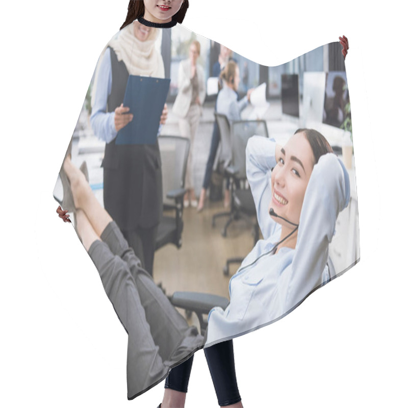 Personality  Smiling Asian Businesswoman In Headset Hair Cutting Cape