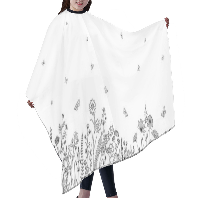 Personality  Wildflowers And Grasses With Various Insects. Fashion Sketch For Various Design Ideas. Monochrom Print. Hair Cutting Cape