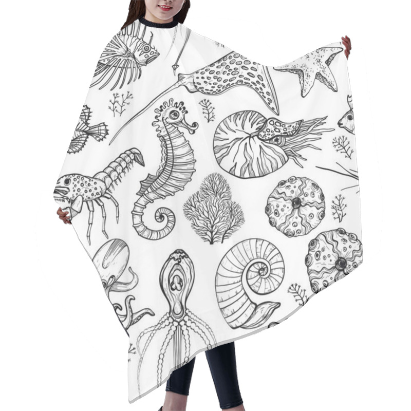 Personality  Seamless Pattern With Hand Drawn Marine Life. Black And White Hair Cutting Cape