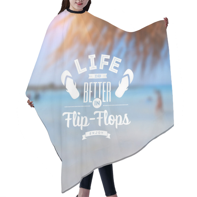 Personality  Type Vector Design - Summers Greeting Sign Against A Defocused Tropical Beach Background Hair Cutting Cape