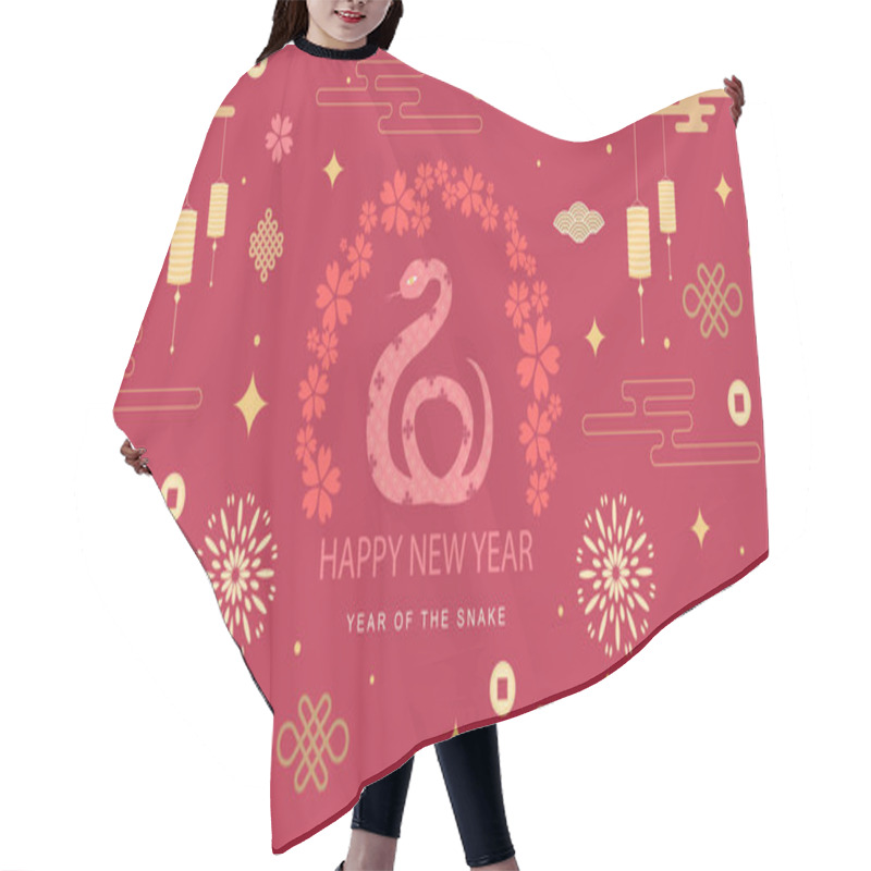 Personality  Banner Template For Chinese New Year Of The Snake With Frame With Traditional Patterns And Elements. Translated From Chinese - The Symbol Of A Snake, New Year. Vector Illustration Hair Cutting Cape