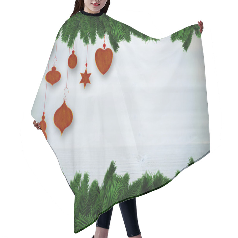 Personality  Composite Image Of Fir Tree Branches Forming Frame Hair Cutting Cape