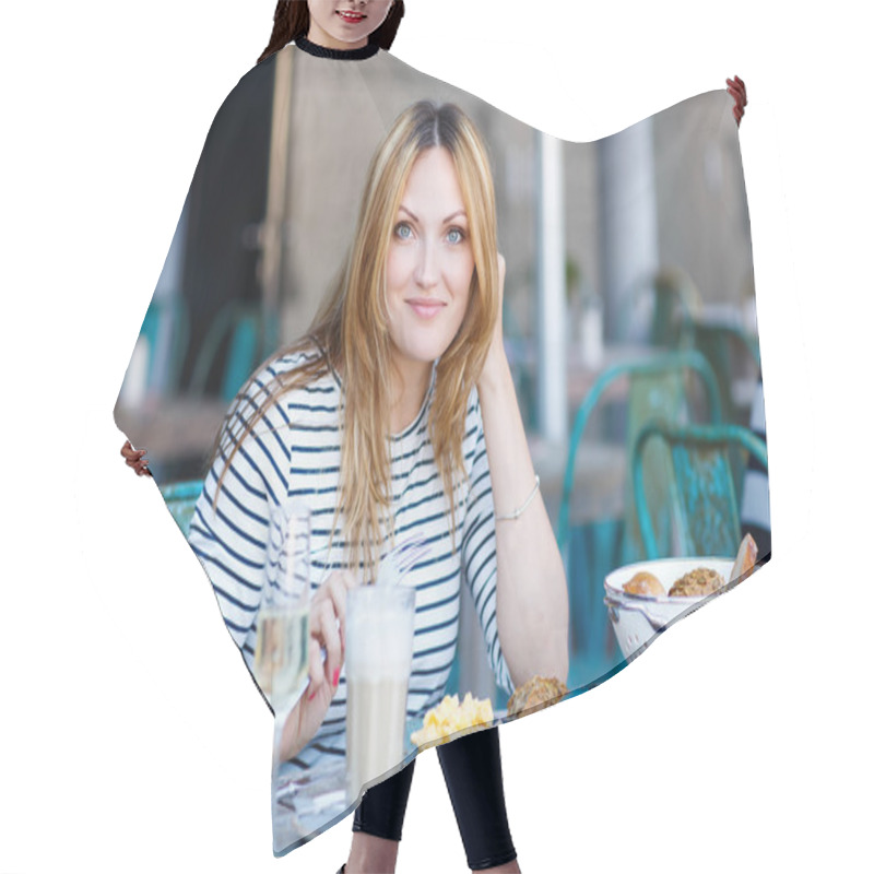 Personality  Young Woman Having Healthy Breakfast In Outdoor Cafe Hair Cutting Cape