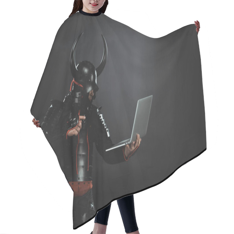 Personality  Side View Of Armored Samurai Using Laptop On Black Hair Cutting Cape