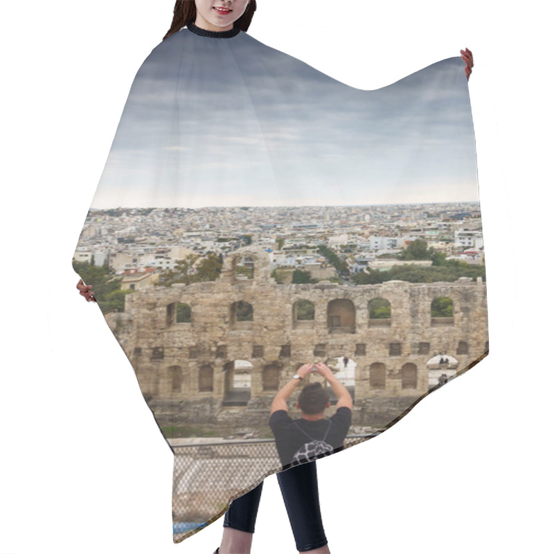 Personality  Tourist Photographing Odeon Of Herodes Atticus And Cityscape Using Mobile Camera, Athens, Greece Hair Cutting Cape