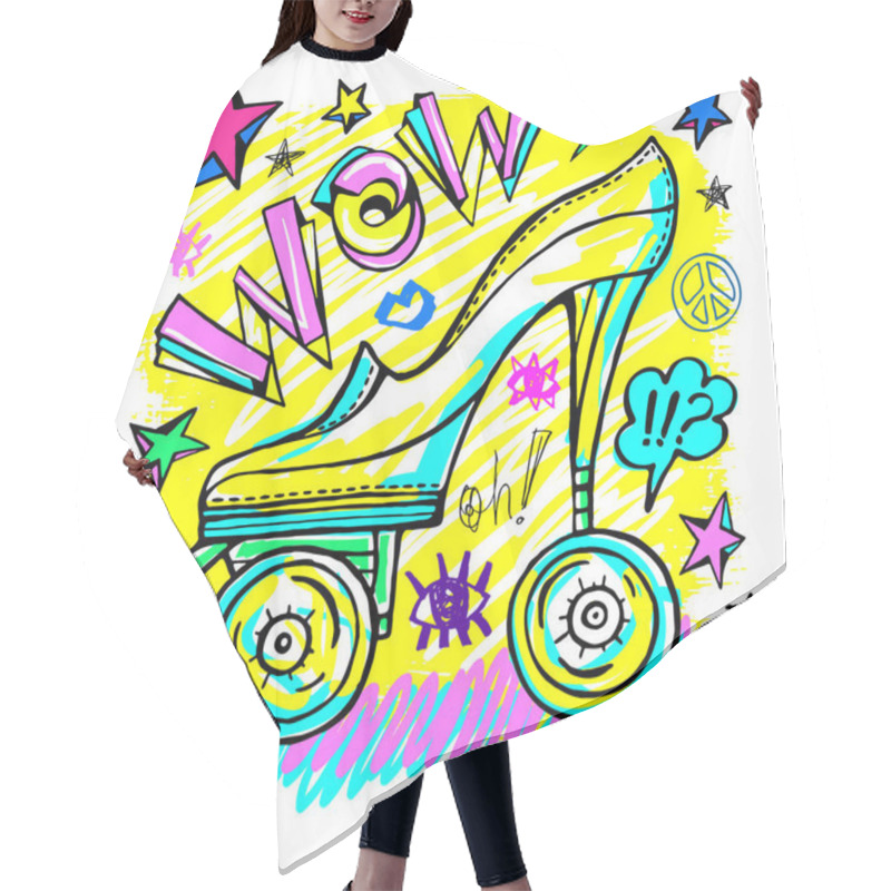 Personality  Wow Rollers Skates Girls Trendy Shoes, High Heel, Sport Slogan Lettering. Color Pencil, Marker, Ink, Pen Doodles Sketch Style. Hand Drawn Illustration Vector. Hair Cutting Cape