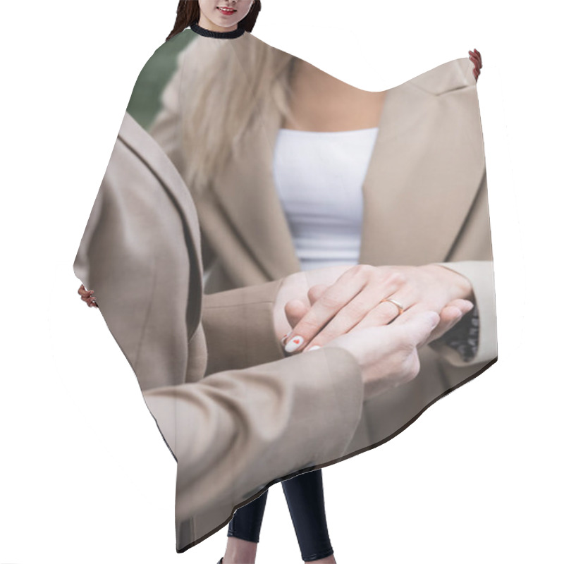 Personality  Cropped View Of Man Holding Hand Of Woman With Wedding Ring On Finger Hair Cutting Cape