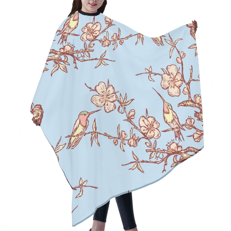 Personality  Seamless Pattern Of Hummingbirds On Blooming Cherry Branches Hair Cutting Cape