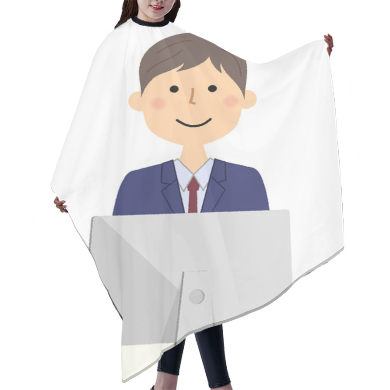 Personality  Businessman,PC/It Is An Illustration Of An Businessman Sitting In Front Of A Monitor. Hair Cutting Cape