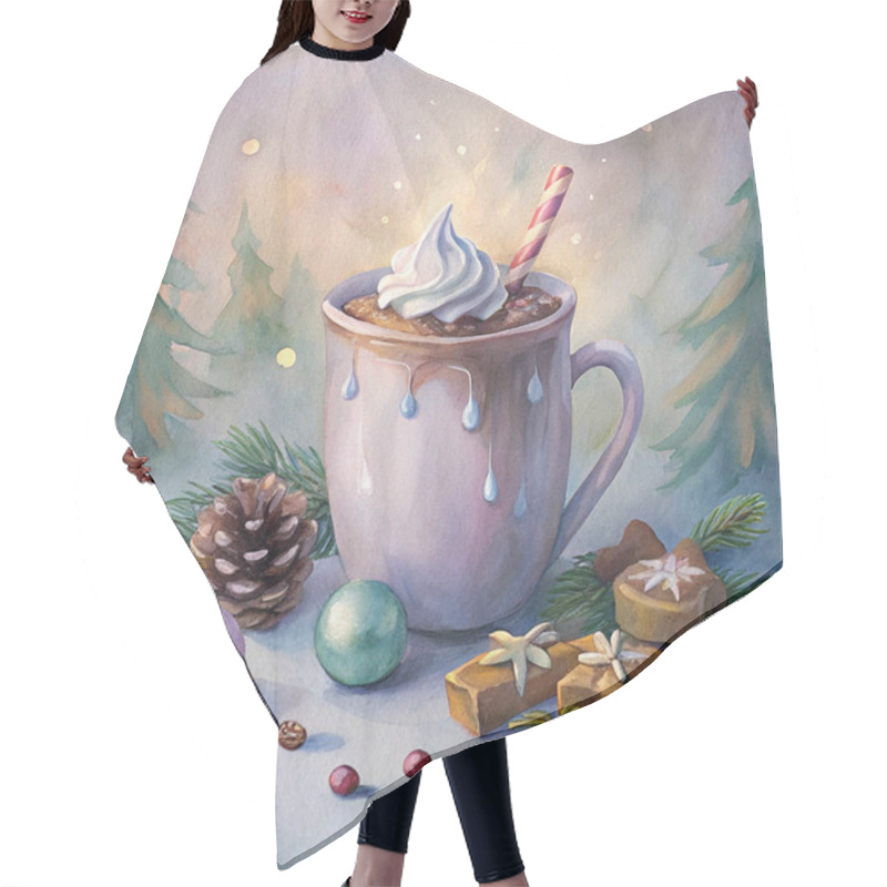 Personality  A Delightful Hot Chocolate Mug Topped With Whipped Cream And A Candy Cane, Surrounded By Pinecones, Festive Ornaments, And Holiday Treats, Creating A Cozy Christmas Atmosphere. Hair Cutting Cape