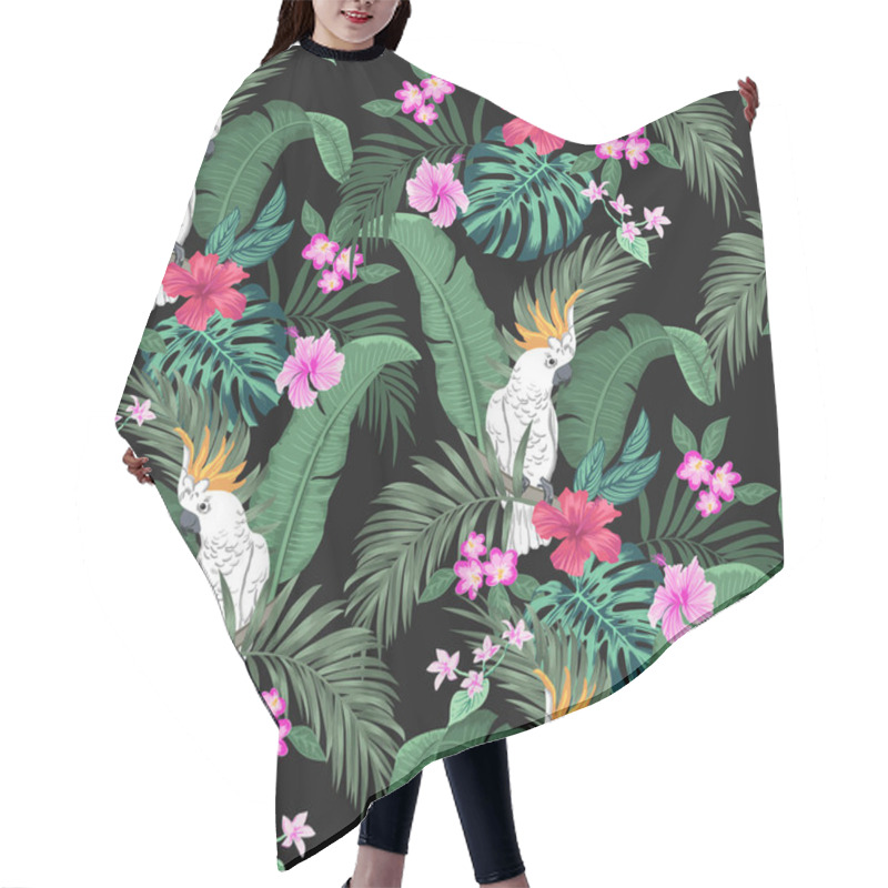 Personality  Vector Seamless Botanical Tropical Pattern With Parrots And Flowers. Floral Exotic Background Design With Banana Leaf, Areca Palm Leaves, Monstera Leaves, Hibiscus Flowers, Frangipani. Hair Cutting Cape