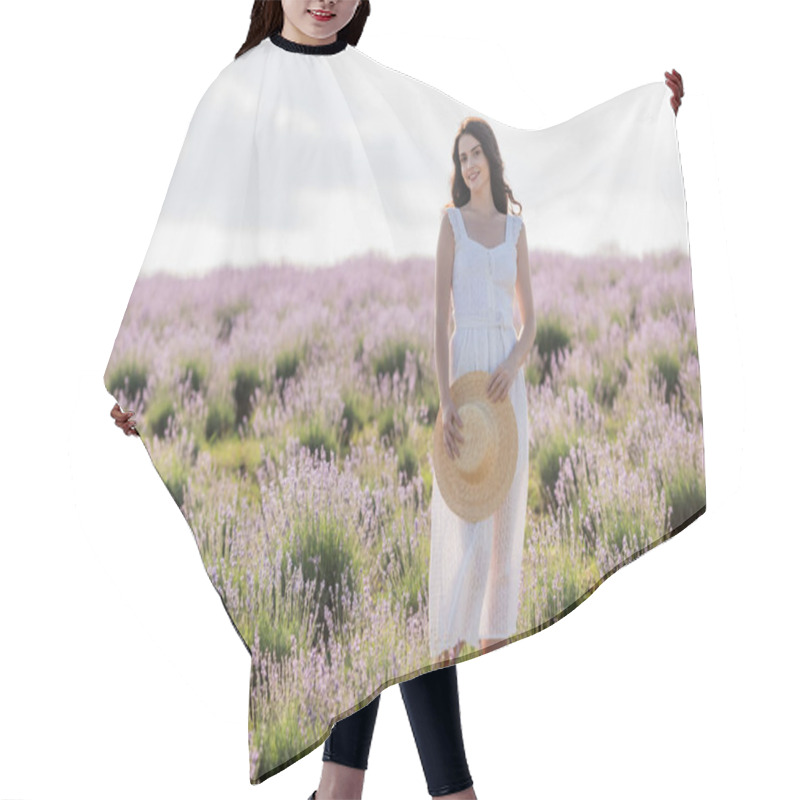 Personality  Happy Woman In Summer Dress Holding Straw Hat While Standing In Lavender Field Hair Cutting Cape