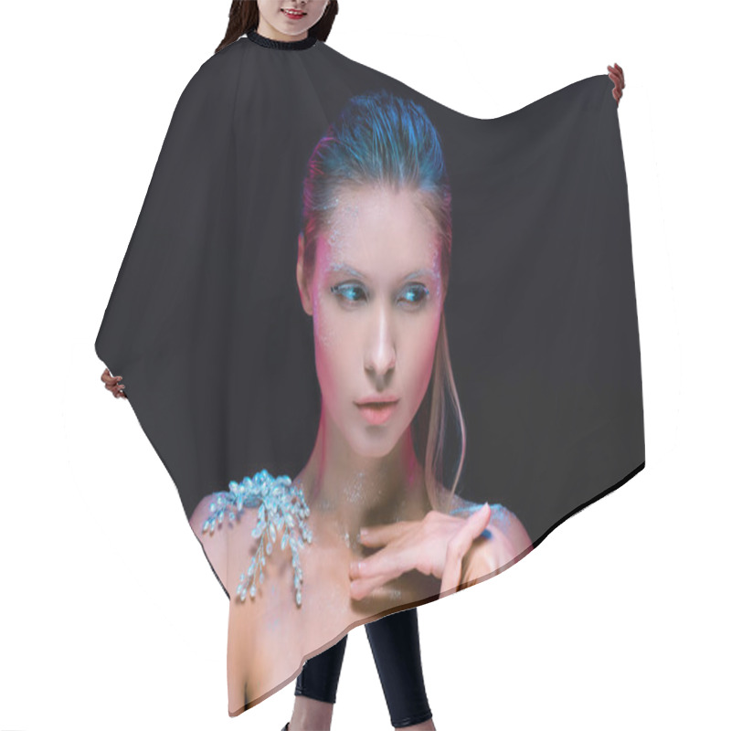 Personality  Portrait Of Young Woman With  Winter Make Up Isolated On Black Hair Cutting Cape