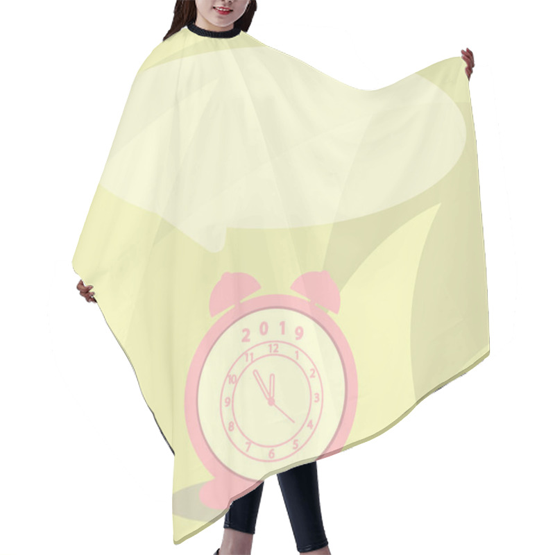 Personality  Round Shape Blank Speech Bubble And Analog Alarm Clock In Pastel Shade. Pale Color Text Balloon And Table Timepiece Ringer With Year 2019. Creative Idea For Schedules And Reminder. Hair Cutting Cape