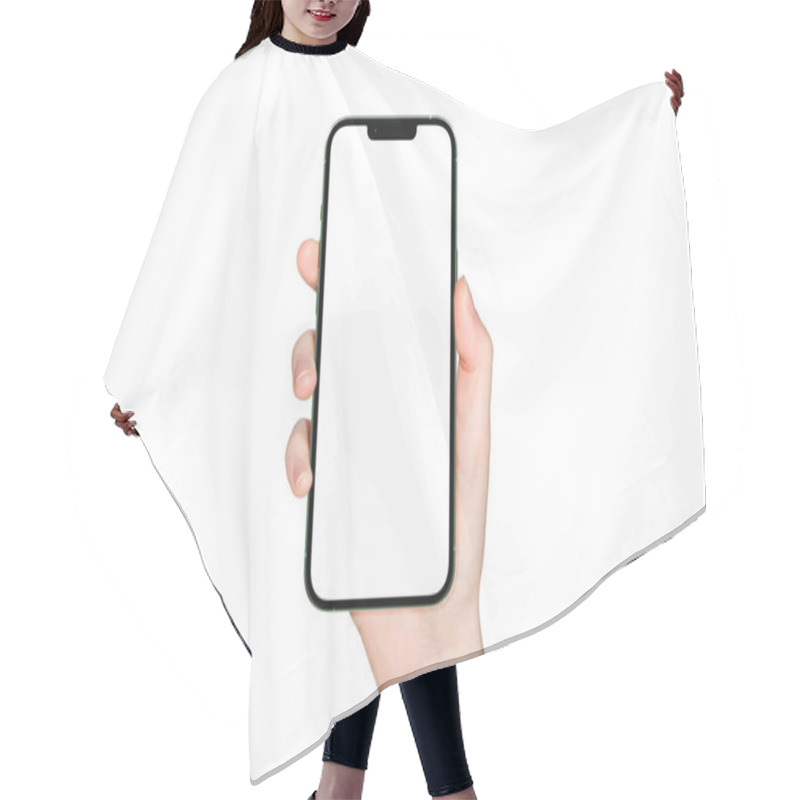 Personality  PARIS - France - April 28, 2022: Newly Released Apple Smartphone Iphone 13 Pro Max Realistic 3d Rendering - Alpine Green Color Front Screen Mockup - Woman Hand Holding Smartphone On White Backgroun Hair Cutting Cape