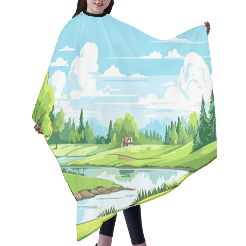 Personality  Meadow landscape with grass and river. Blue sky with white clouds. Flat valley landscape. Empty green field on sunny summer day. Vector illustration hair cutting cape