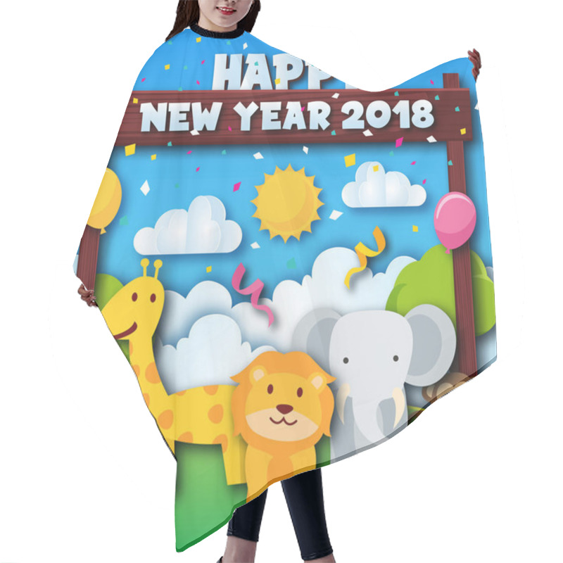 Personality  Cute Cheerful Zoo Animal Theme Happy New Year 2018 Paper Art Card Illustration, Suitable For Children Greeting Card, Party Invitation, And Social Media Hair Cutting Cape