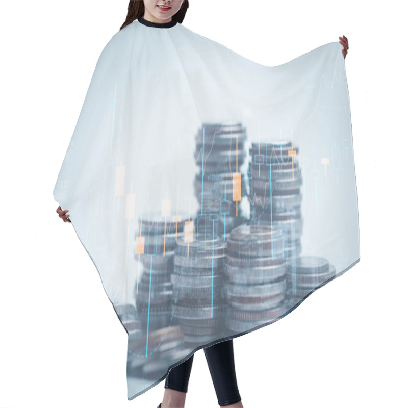 Personality  Double Exposure Of Coins And City Background For Finance And Banking Concept,Financial, Investment,saving, Business Concept. Hair Cutting Cape