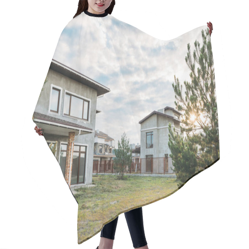 Personality  Unfinished Modern Buildings With Green Yards On Cloudy Day Hair Cutting Cape