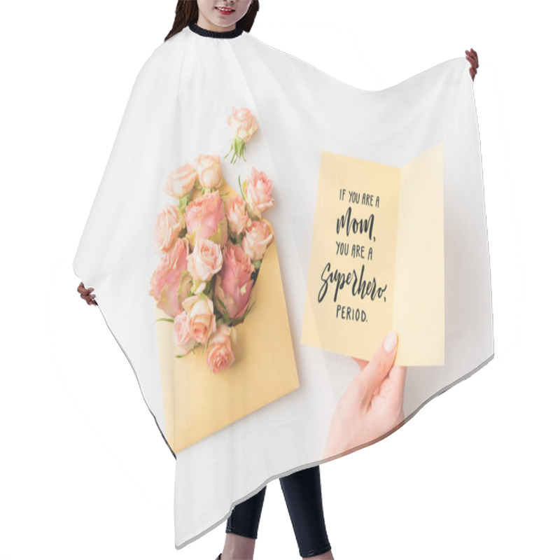 Personality  Hand Holding Paper With Mothers Day Phrase Beside Pink Flowers In Envelope Isolated On White Hair Cutting Cape