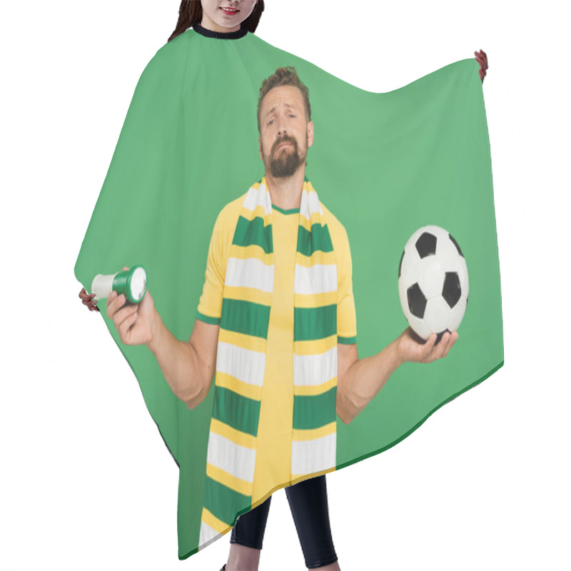 Personality  Bearded Soccer Fan Holding Sports Horn And Football Isolated On Green  Hair Cutting Cape