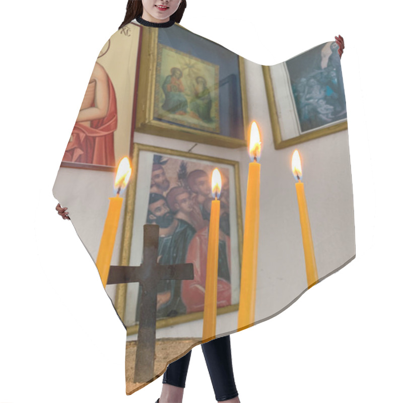 Personality  Inside The Orthodox Church, A Collection Of Lit Candles Stands Before A Small Black Cross, With Framed Religious Icons Adorning The Background Walls, Creating A Serene And Reverent Atmosphere Hair Cutting Cape