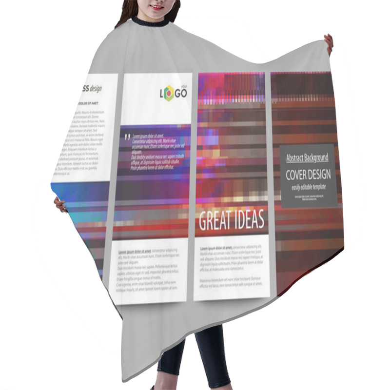 Personality  Flyers Set, Modern Banners. Business Templates. Cover Design Template, Abstract Vector Layouts. Glitched Background Made Of Colorful Pixel Mosaic. Digital Decay, Signal Error. Trendy Glitch Backdrop. Hair Cutting Cape