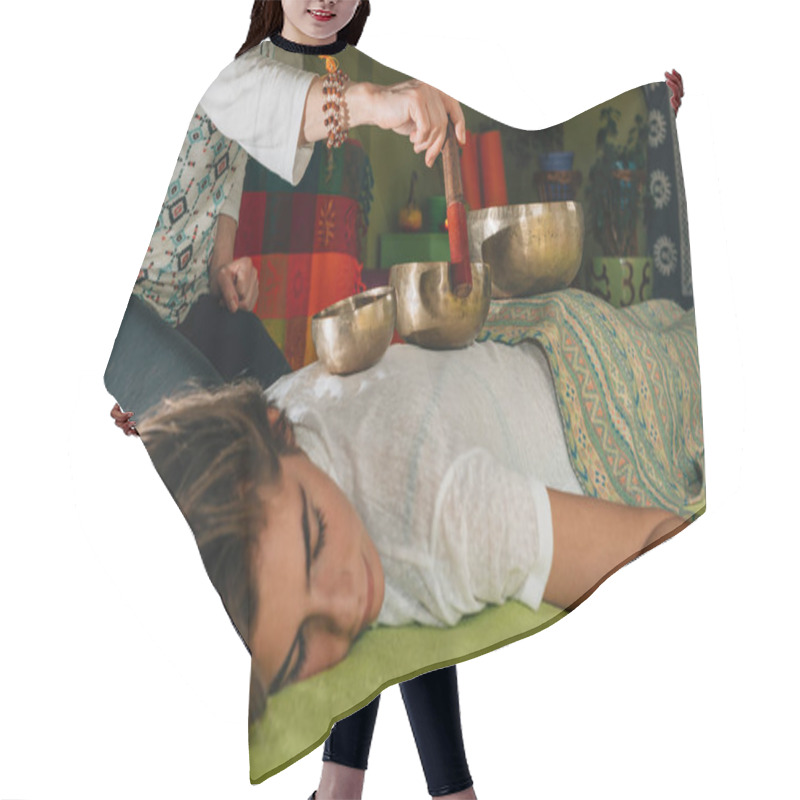 Personality  Woman Using Tibetan Singing Bowls In Sound Therapy Hair Cutting Cape