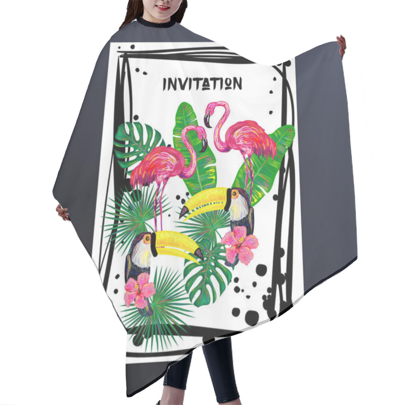 Personality  Invitation With Pink Flamingo, Toucan Bird, Tropical Exotic Flowers And Leaves Hair Cutting Cape