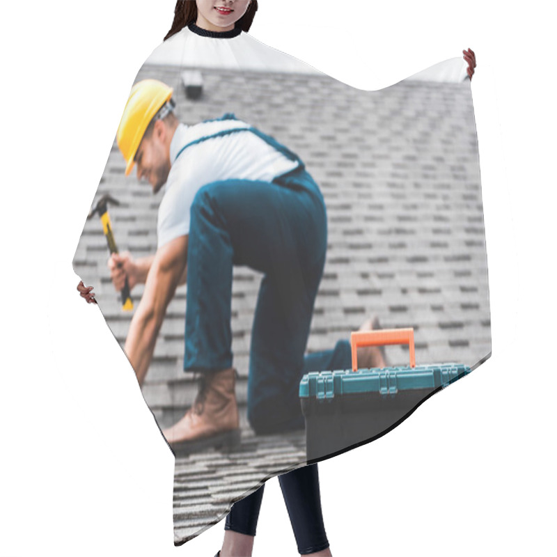 Personality  Selective Focus Of Toolbox Near Repairman Holding Hammer On Rooftop  Hair Cutting Cape