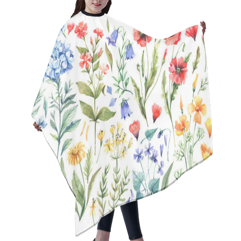 Personality  Poppies, Wild Carnations, Eschscholzia, Hydrangeas, Daisies, Bluebells, Violets - Summer Wild Flowers Hand Drawn In Watercolor. Collection Of Meadow Flowers Isolated On White Background. Hair Cutting Cape