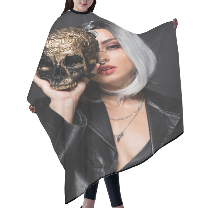 Personality  Woman In Witch Halloween Costume Holding Spooky Golden Skull Near Face Isolated On Black Hair Cutting Cape