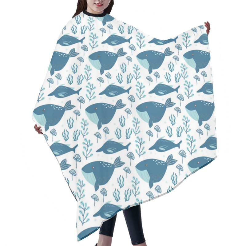 Personality  Blue Whales And Fish Pattern With Seaweed On A White Background. Hair Cutting Cape