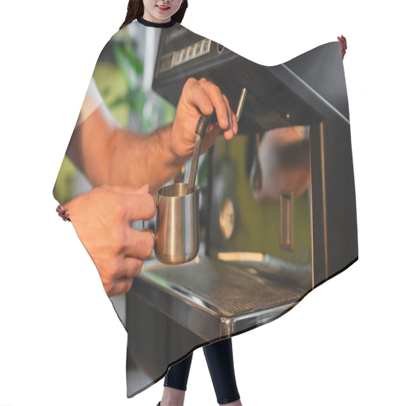 Personality  Cropped View Of Barista Frothing Milk In Pitcher On Coffee Machine While Working In Coffee Shop Hair Cutting Cape