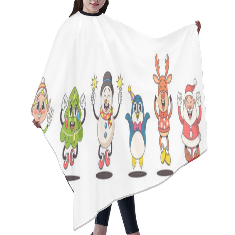 Personality  Retro-style Christmas Characters Feature Nostalgic Jolly Santa, Rosy-cheeked Snowman, And Festive Elf, Tree, Reindeer And Penguin Cartoon Personages Jumping And Celebrate Holiday With A Vintage Touch Hair Cutting Cape