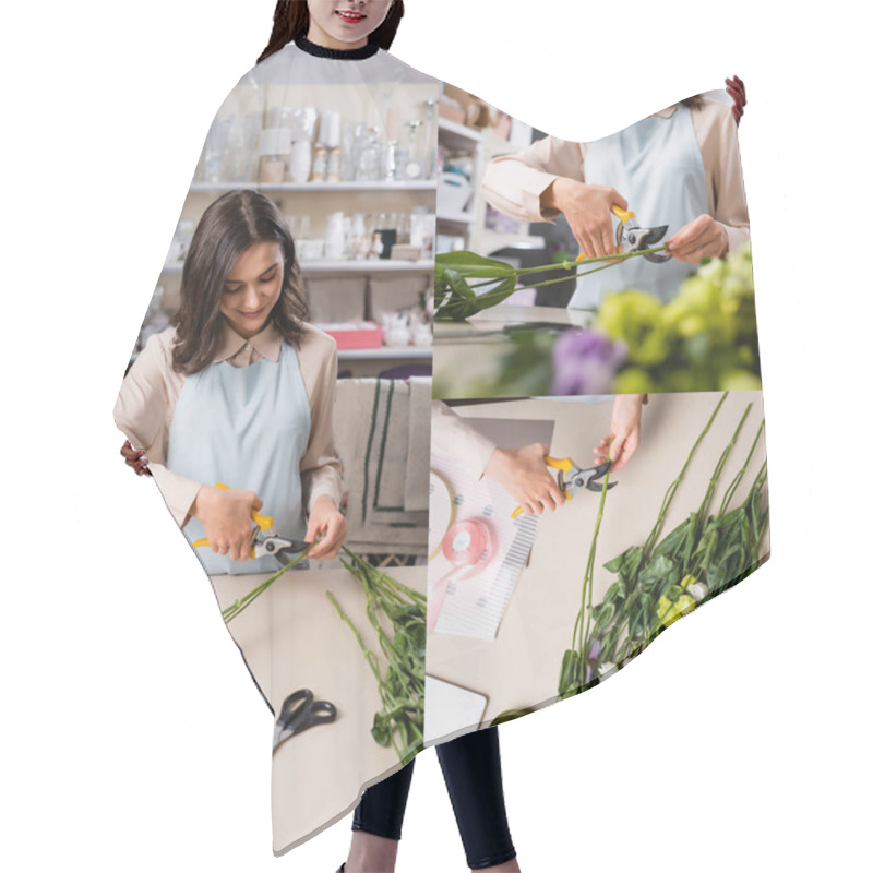 Personality  Collage Of Smiling Florist Cutting Steam While Making Bouquet With Eustoma In Flower Shop Hair Cutting Cape