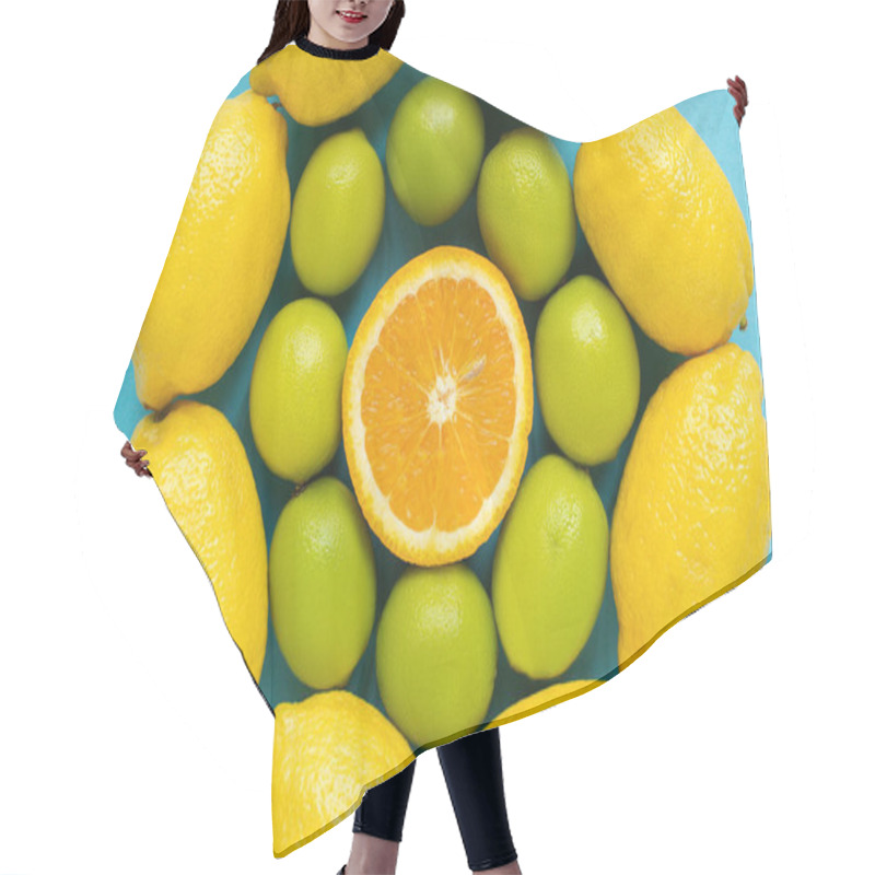 Personality  Top View Of Ripe Yellow Lemons, Orange And Limes Arranged In Circles On Blue Background Hair Cutting Cape