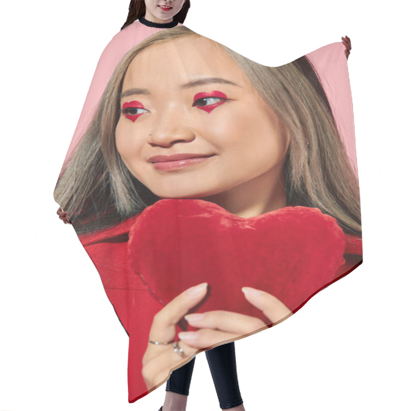 Personality  Valentines Day, Pretty Asian Woman With Vibrant Eye Makeup Holding Red Heart On Pink Backdrop Hair Cutting Cape