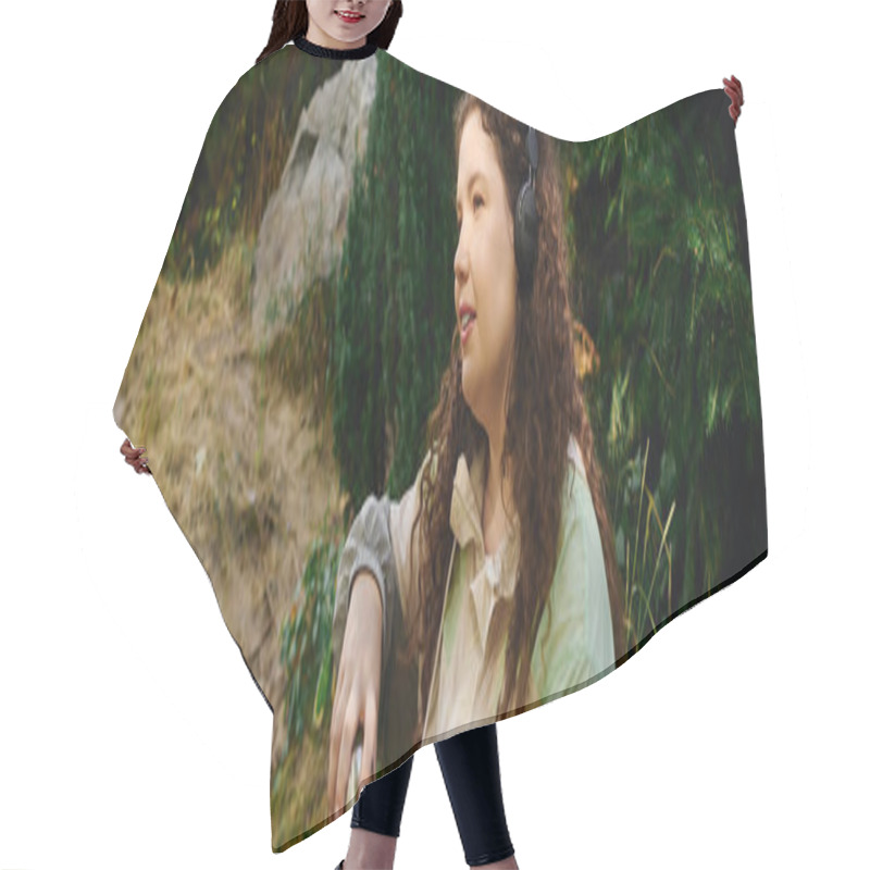 Personality  A Vibrant Plus Size Woman Enjoys A Peaceful Moment In A Lush Green Forest, Embracing Natures Beauty. Hair Cutting Cape