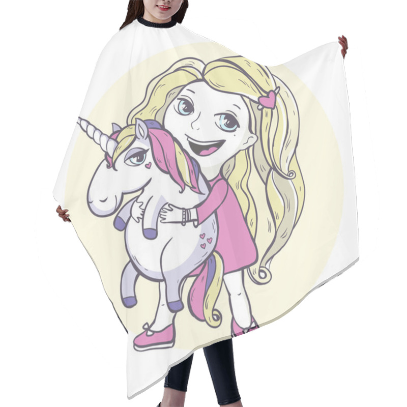 Personality  Girl And Cartoon Magic Unicorn. Hair Cutting Cape