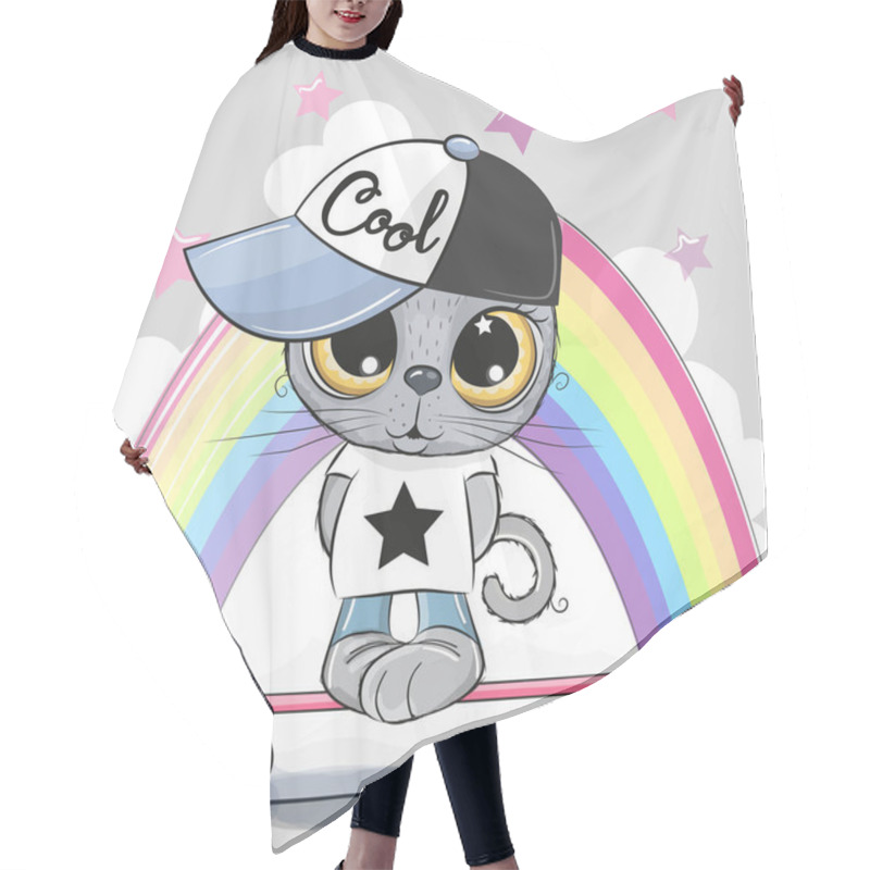 Personality  Cute Cartoon Kitten With Skateboard On A Rainbow Background Hair Cutting Cape