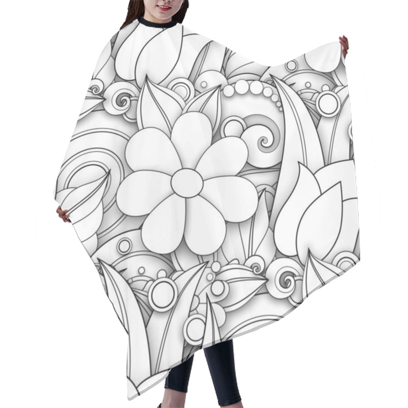 Personality  Monochrome Seamless Pattern With Floral Motifs. Endless Texture With Flowers And Leaves In Doodle Line Style Hair Cutting Cape