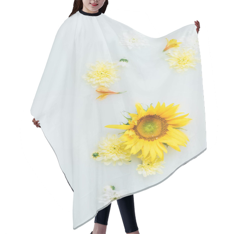 Personality  Top View Of Yellow Sunflower And Chrysanthemum Flowers In Milk Hair Cutting Cape