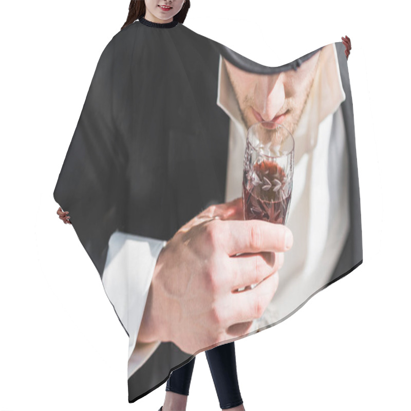 Personality  Overhead View Of Victorian Man Holding Wine Glass With Drink  Hair Cutting Cape