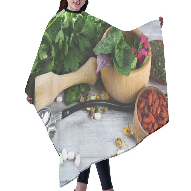 Personality  Alternative Medicine Herbs And Stethoscope Hair Cutting Cape