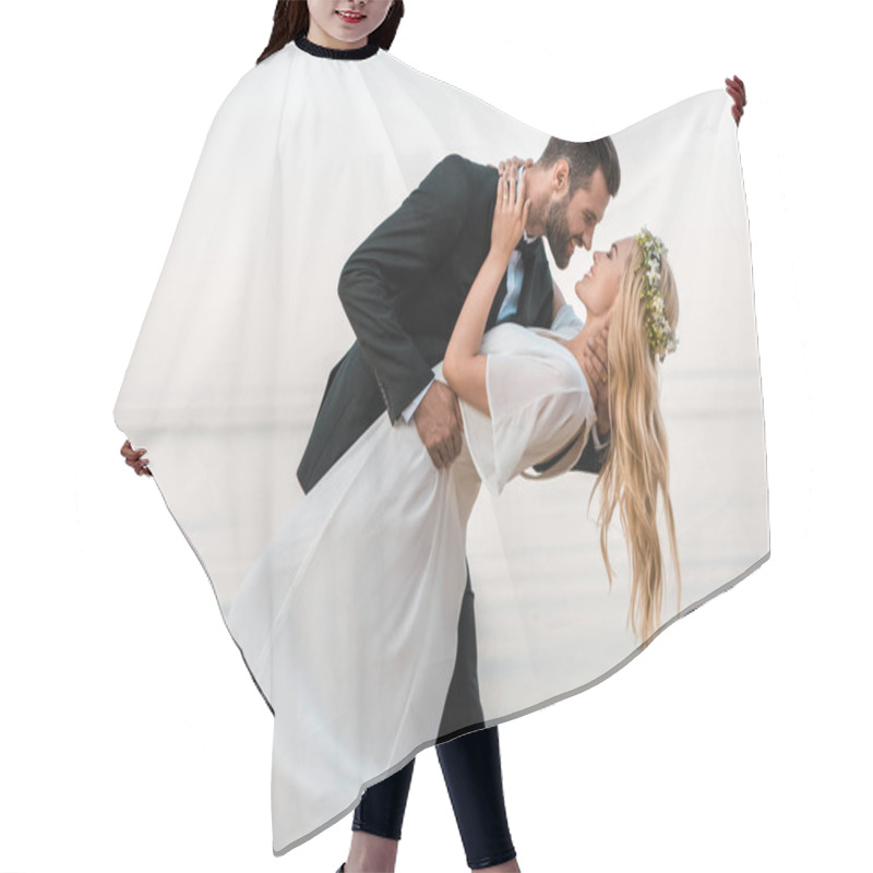 Personality  Affectionate Wedding Couple Going To Kiss On Beach Hair Cutting Cape