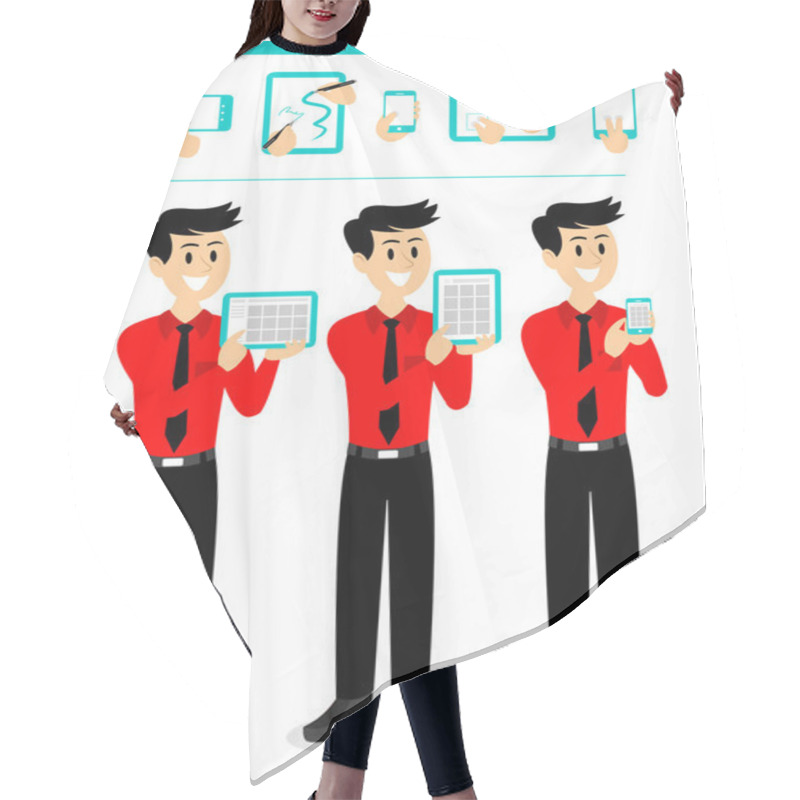 Personality  Salesman Demonstrating App Using Touch Screen Devices Hair Cutting Cape