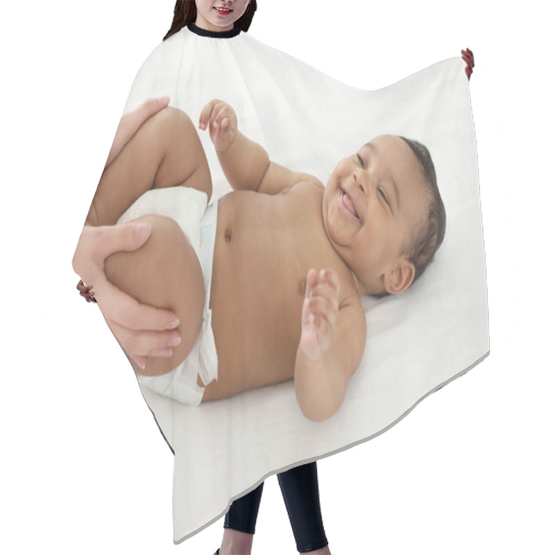 Personality  Mother And Her Cute Child On White Bed. Baby Massage And Exercises Hair Cutting Cape