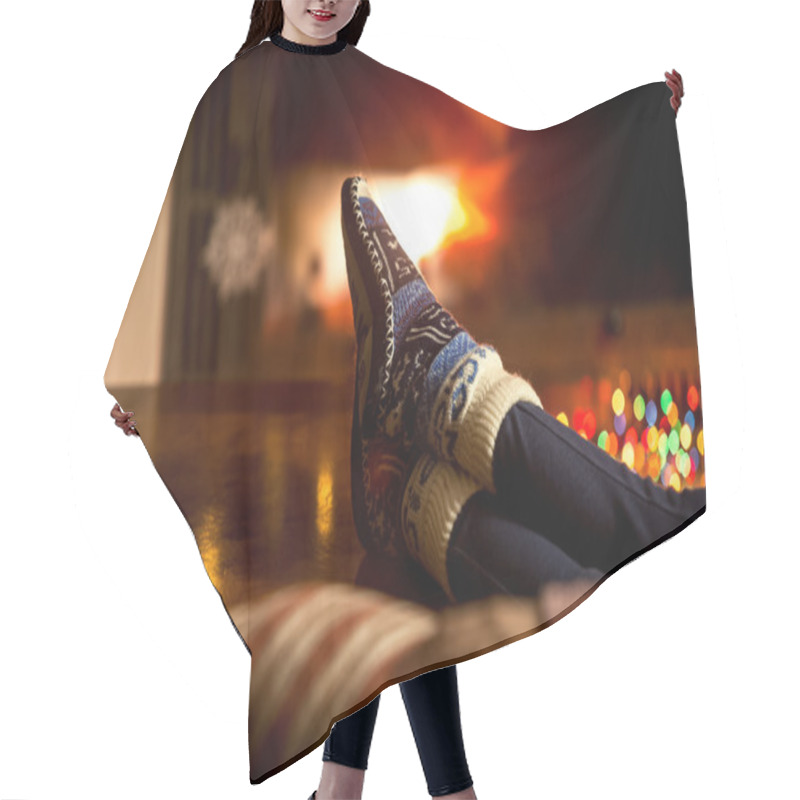 Personality  Portrait Of Feet At Woolen Socks Warming At Fireplace In Winter Hair Cutting Cape